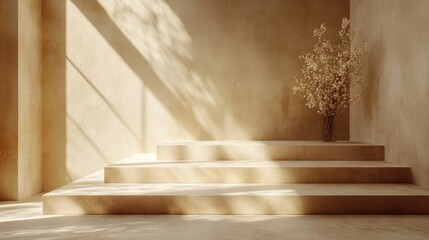 Beige studio steps, sunlit wall, floral display