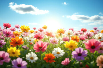 Fototapeta premium field full of colorful flowers with a blue sky in the background 2