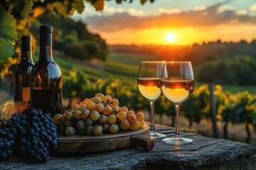 Naklejka premium Sunset vineyard, wine glasses, grapes