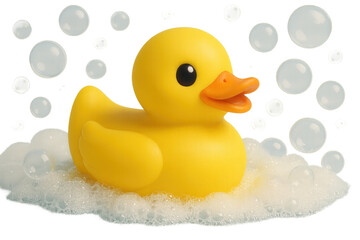Yellow rubber duck in bubbly bath with floating soap bubbles and white foam. Isolated illustration