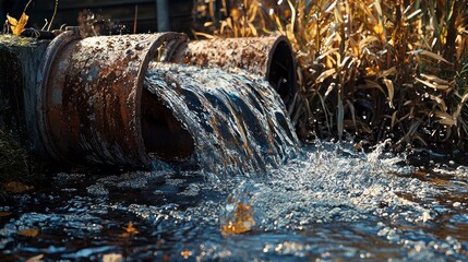 Obraz premium Realistic Off-Grid Clean Water Projects in Nature Featuring Flowing Water and Rustic Pipes