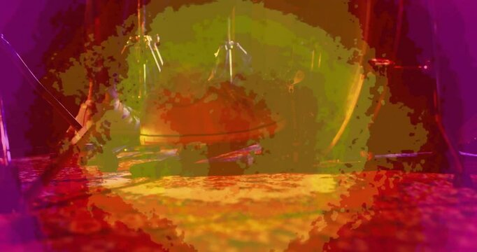 musician striking handpan drum in music studio, with animated sound waves dancing around