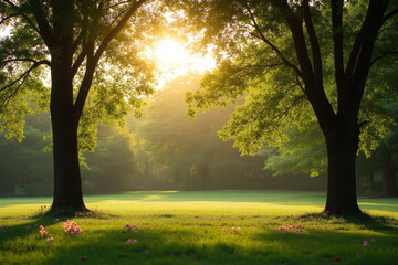 Fototapeta premium field of flowers with the sun shining through the trees