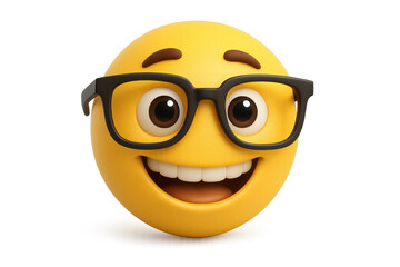 Smiling emoji with glasses expressing happiness and intelligence in 3d art. Isolated illustration