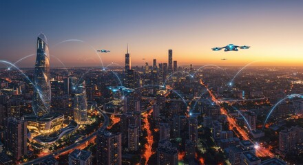 Obraz premium Futuristic city skyline with flying vehicles at dusk or dawn.