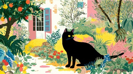 A black cat gazes serenely in a vibrant garden setting.