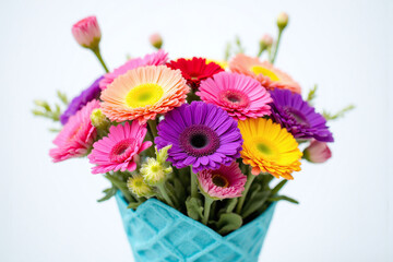 ice cream cone with flowers in it on a blue background