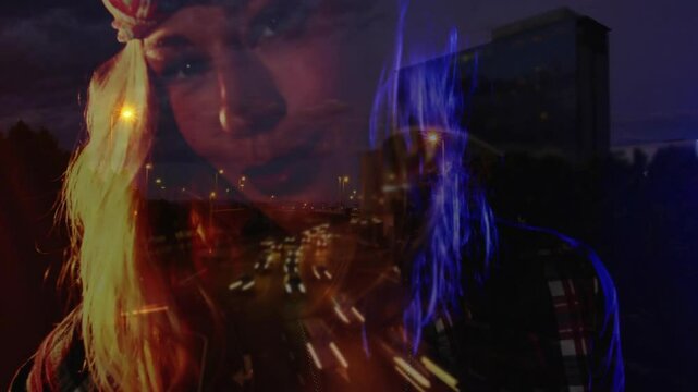 woman wearing red bandana, plaid shirt overlaying highway for marketing with animated light trails
