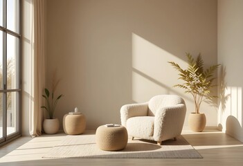 Cozy relaxed space design with beige sheepskin club armchair. Ambient lighting. 3D render. Scandinavian inspired design. 