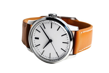 Elegant Men's Watch with Brown Leather Strap and Minimalist Design on transparent background