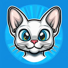 Cartoon illustration of a white cat with large blue eyes and a subtle smile