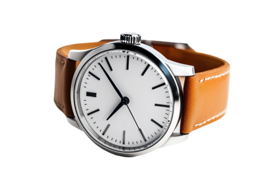 Elegant Men's Watch with Brown Leather Strap and Minimalist Design on transparent background