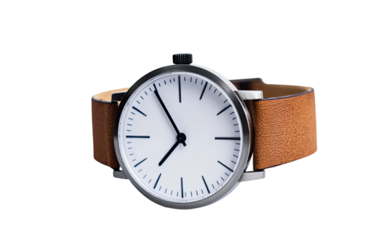 Elegant Minimalist Watch with Brown Leather Strap on White Background on transparent background - Powered by Adobe