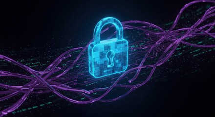 Blue padlock icon surrounded by purple fiber optic cables against a dark background.