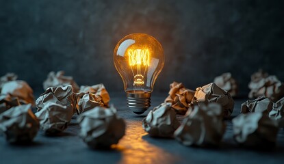 Glowing Light Bulb Surrounded by Crumpled Papers on a Gray Background Symbolizing Ideas and Creative Process