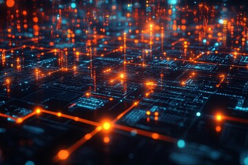 Fototapeta premium Abstract representation of a digital network with glowing orange lights