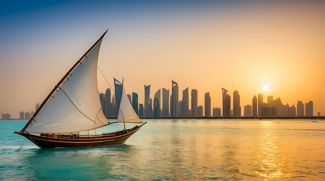 Traditional dhow sailing near doha skyline during golden hour sunset