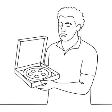 Homem brasileiro segurando caixa de pizza &ndash; ilustra&ccedil;&atilde;o vetorial de linha cont&iacute;nua em fundo branco, formato SVG

