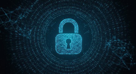 Blue padlock icon with digital network background represents security and data protection.