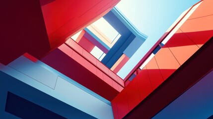 Obraz premium Geometric architecture facade showcasing the play of red and blue hues towards the sky