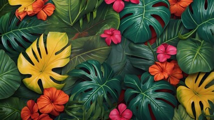 Naklejka premium Vibrant tropical leaf arrangement with colorful flowers