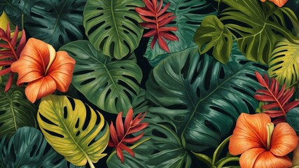 Naklejka premium vibrant tropical foliage with a mix of exotic flowers and diverse leaf textures. The image showcases a lush and colorful botanical scene, a feeling of serenity and natural beauty