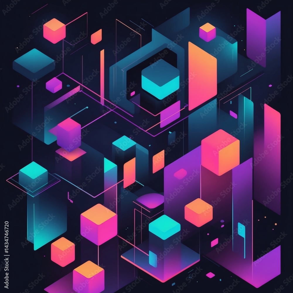 Aufkleber abstract geometric shapes, featuring colorful cubes, lines, and interconnected structures, creating a dynamic and modern visual.
