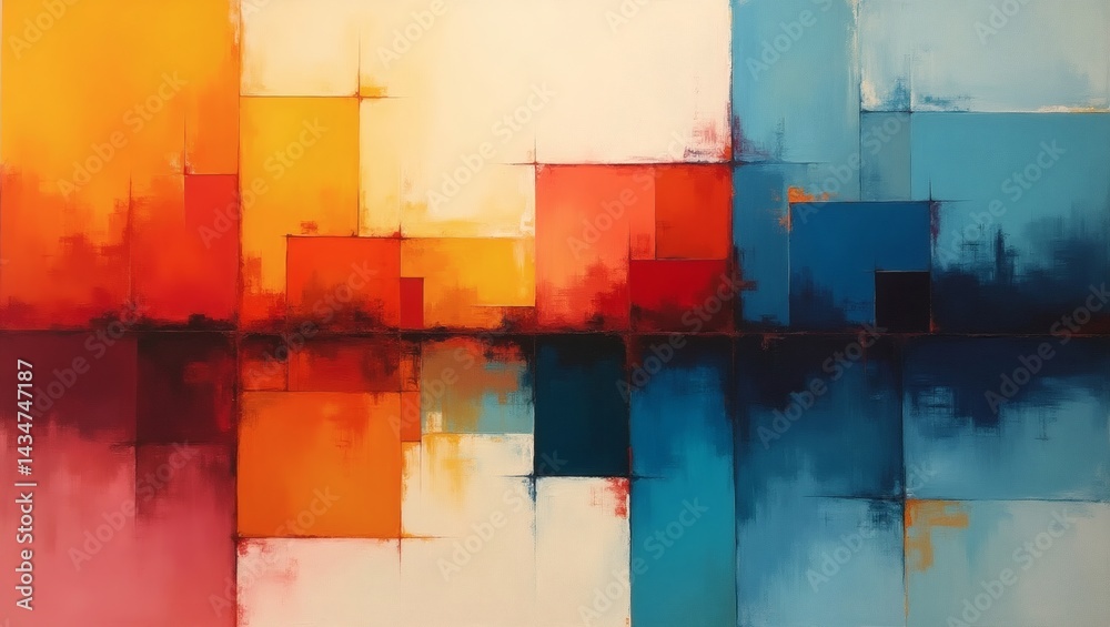 Poster Abstract painting with warm and cool colors reflecting on water. The painting uses bold colors and geometric shapes to create a sense of depth and movement.