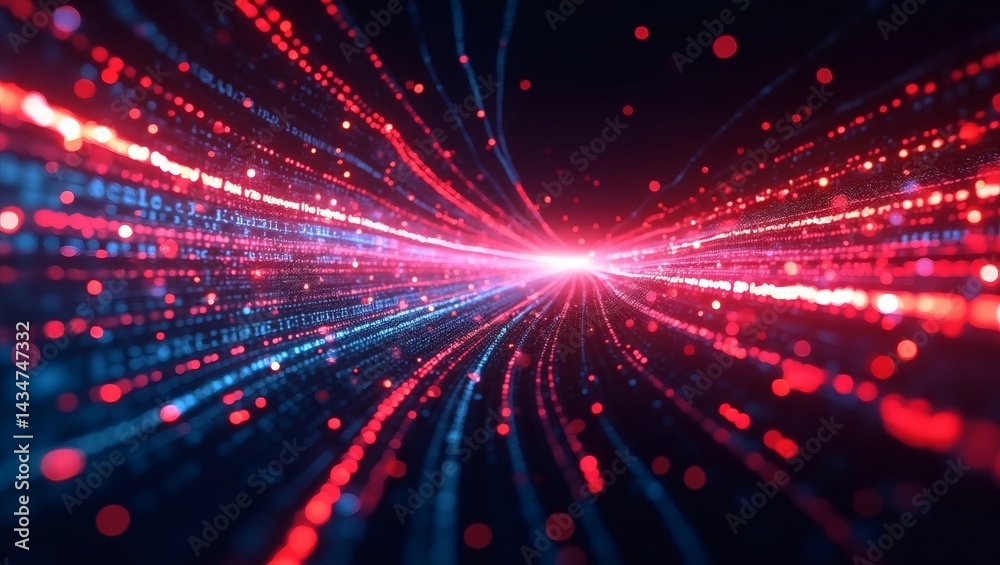 Poster a dynamic visual representation of data flow with red and blue lights, symbolizing the speed and efficiency of technology