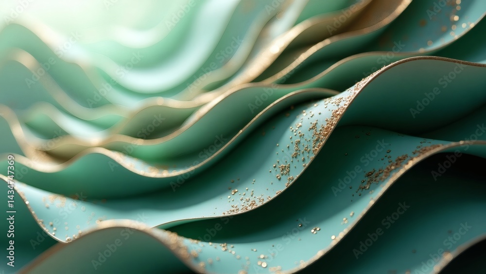 Poster close-up shot of elegant turquoise waves with golden edges, evoking a sense of tranquility and sophi