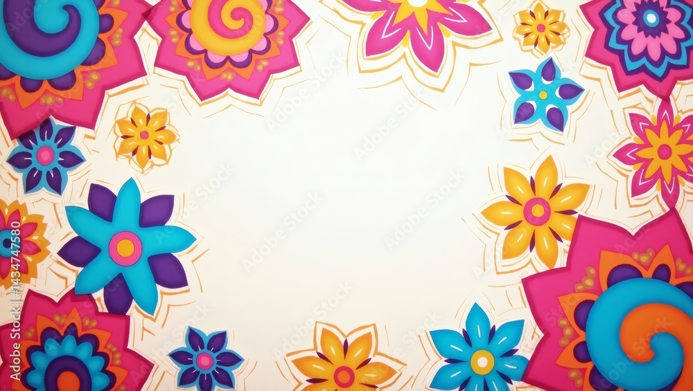 Poster a vibrant array of colorful flower adorn the frame, creating a lively and decorative backdrop. The composition is joyful and eye-catching
