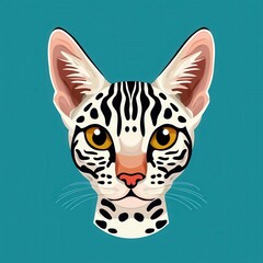 Digital illustration of a cat with white fur and black spots on a teal background