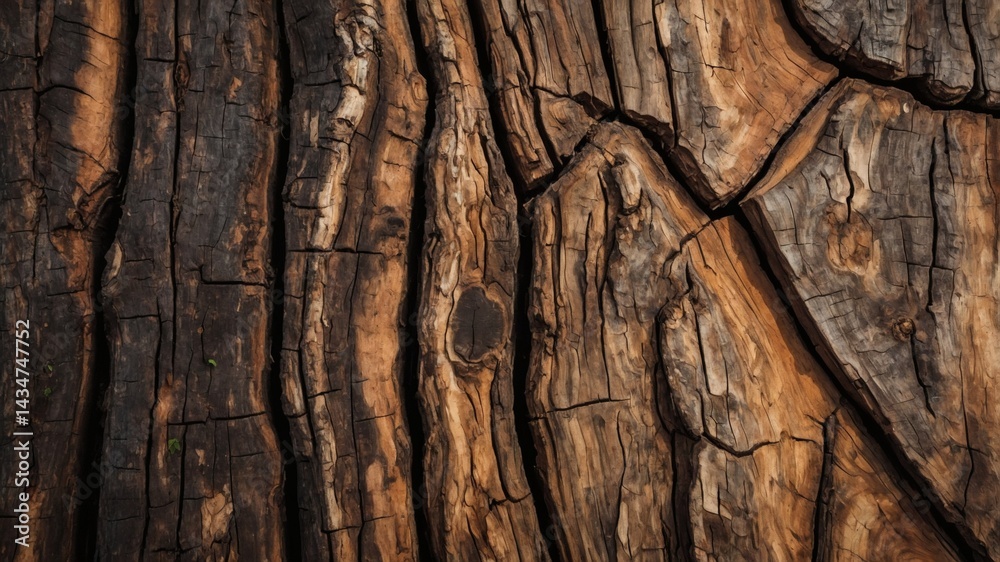 Poster close-up of a weathered, textured wood surface, displaying intricate grain patterns and natural deta