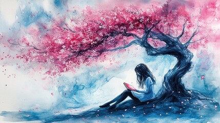 A girl sits beneath a blossoming cherry tree, lost in reading.