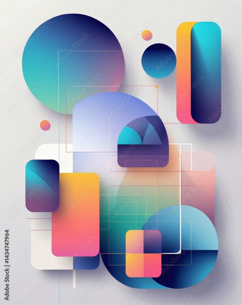 Poster abstract geometric design with vibrant colors and various shapes. the design features a blend of circles, rectangles, and squares, with subtle gradients and shadows adding depth.
