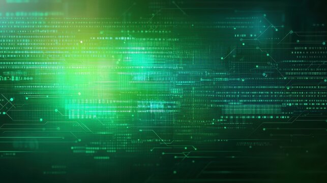 Abstract digital network pattern with glowing green lines and dots.