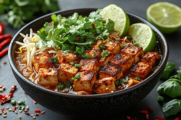 Fototapeta premium Spicy Tofu Noodle Soup, Lime, Cilantro