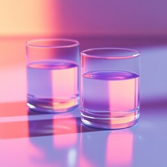 Two Glasses of Clear Water with Pink and Purple Reflections Creating an Elegant Minimalist Aesthetic Against a Soft Background