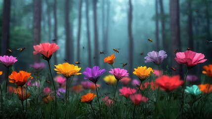 Fototapeta premium Vibrant Flowers Blooming in a Mystical Forest with Busy Bees