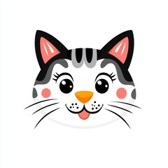 Cartoon illustration of a cat's face with white fur, black stripes, and pink details