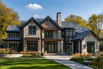 Modern luxury home with large windows and beautiful landscaping, contemporary architecture in wooded setting