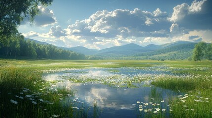 Fototapeta premium Serene Rural Landscape Featuring Lush Greenery, Calm Waters, and Expansive Sky