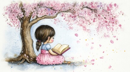 Fototapeta premium Delicate girl reads under a blossoming cherry tree.