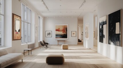 Serene art gallery showcasing modern paintings with ambient lighting design