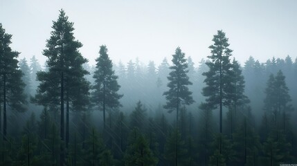 Fototapeta premium Serene Rain in a Lush Evergreen Forest Tall Pine Trees Under Misty Sky