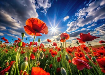 Fototapeta premium 4K Slow Motion Poppy Field, Vibrant Red Flowers, Blue Sky - Long Exposure Photography