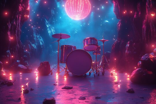 Drum kit in glowing cave, fantasy music