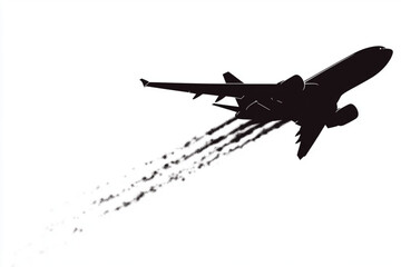 Stock image of a black airplane silhouette taking off, with smoke trails on a white background.