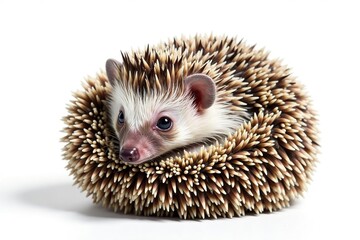 Obraz premium Tiny hedgehog curled in ball, isolated on pure white background, picture, white