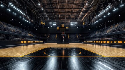 Empty basketball arena interior with modern design.